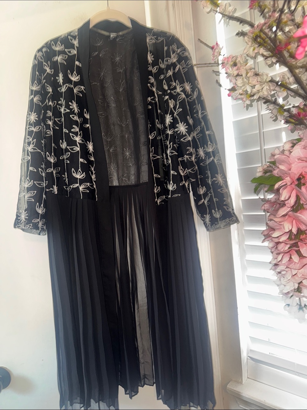 Alfani Black Dress with White Floral Embroidery and Pleated Skirt